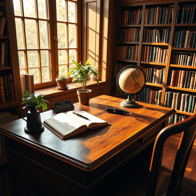 A beautifully crafted vintage wooden desk in a cozy study room, bathed in warm sunlight streaming through a large window