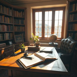 A beautifully crafted vintage wooden desk in a cozy study room, bathed in warm sunlight streaming through a large window