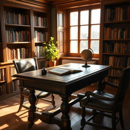 A beautifully crafted vintage wooden desk in a cozy study room, bathed in warm sunlight streaming through a large window