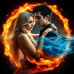 A beautiful young woman with long blonde hair gently embraces a handsome man with stylish black hair