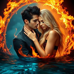 A beautiful young woman with long blonde hair gently embraces a handsome man with stylish black hair