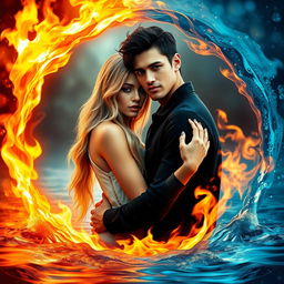 A beautiful young woman with long blonde hair gently embraces a handsome man with stylish black hair