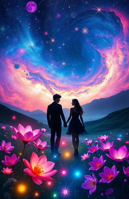 A surreal landscape representing 'love beyond', featuring a starry night sky filled with vibrant colors, swirling galaxies, and shimmering stars
