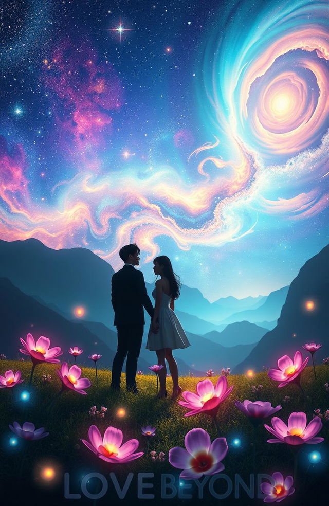 A surreal landscape representing 'love beyond', featuring a starry night sky filled with vibrant colors, swirling galaxies, and shimmering stars