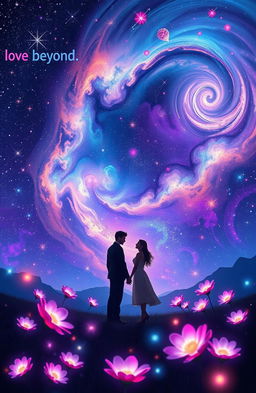 A surreal landscape representing 'love beyond', featuring a starry night sky filled with vibrant colors, swirling galaxies, and shimmering stars