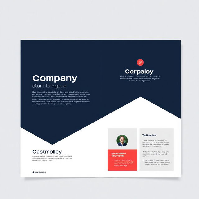 A modern and stylish template design for a company brochure, featuring a sleek layout with ample white space, a contemporary color palette of navy blue, soft gray, and vibrant coral accents