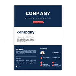 A modern and stylish template design for a company brochure, featuring a sleek layout with ample white space, a contemporary color palette of navy blue, soft gray, and vibrant coral accents