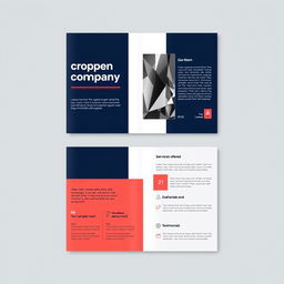 A modern and stylish template design for a company brochure, featuring a sleek layout with ample white space, a contemporary color palette of navy blue, soft gray, and vibrant coral accents