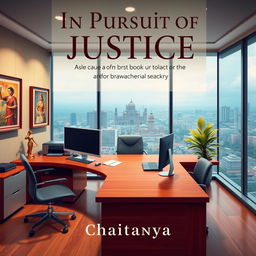 A visually appealing book cover design for the novel 'In Pursuit of Justice: Tales of Lawyer Ramachandra Shastry' by Chaitanya