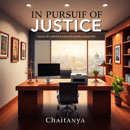 A visually appealing book cover design for the novel 'In Pursuit of Justice: Tales of Lawyer Ramachandra Shastry' by Chaitanya