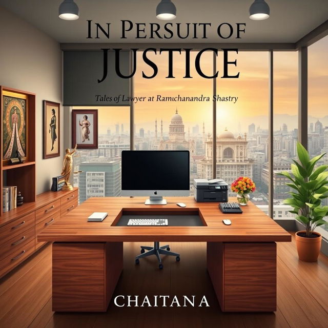 A visually appealing book cover design for the novel 'In Pursuit of Justice: Tales of Lawyer Ramachandra Shastry' by Chaitanya