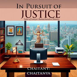 A visually appealing book cover design for the novel 'In Pursuit of Justice: Tales of Lawyer Ramachandra Shastry' by Chaitanya