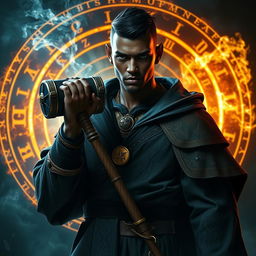 An arcane aasimar with black skin, sporting very short hair and clean-shaven, confidently holding a mystical hand hammer
