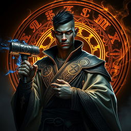An arcane aasimar with black skin, sporting very short hair and clean-shaven, confidently holding a mystical hand hammer