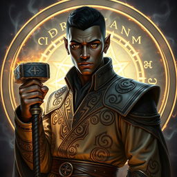 An arcane aasimar with black skin, sporting very short hair and clean-shaven, confidently holding a mystical hand hammer