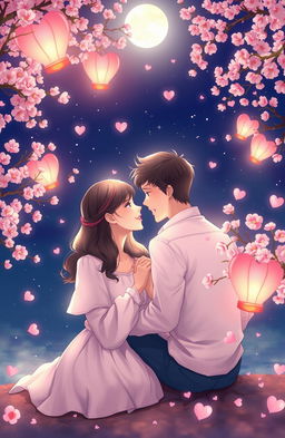 A dreamy depiction of love, featuring a couple sitting together under a starry night sky, surrounded by delicate cherry blossom trees in full bloom