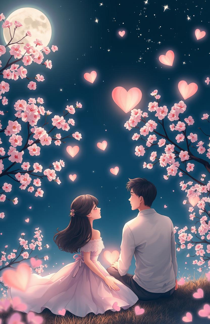 A dreamy depiction of love, featuring a couple sitting together under a starry night sky, surrounded by delicate cherry blossom trees in full bloom