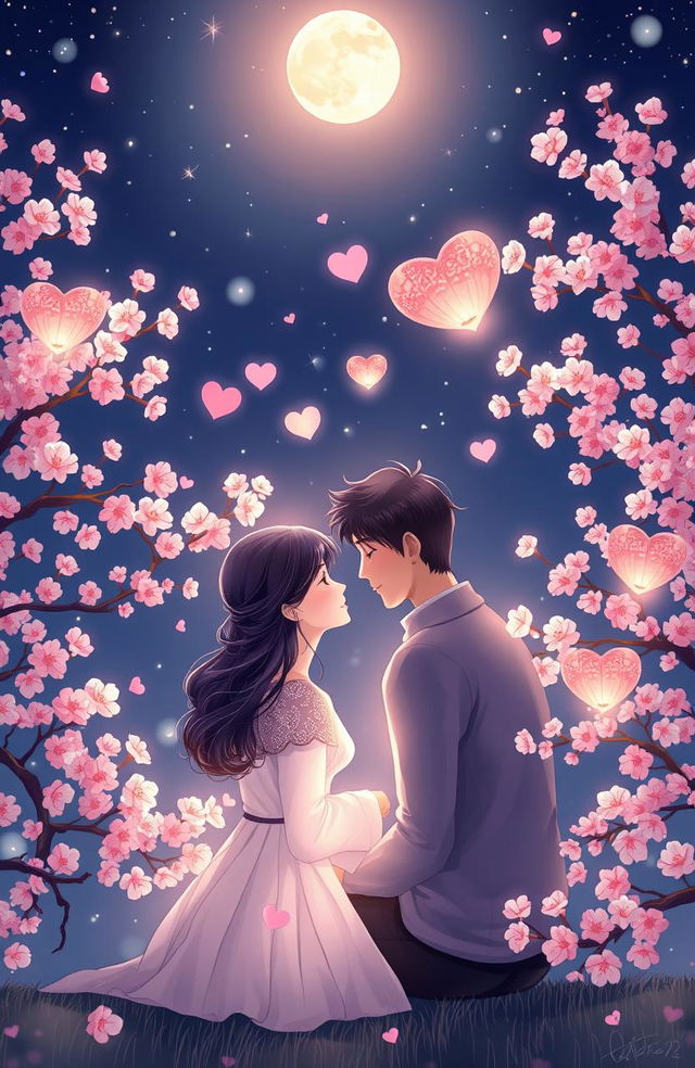 A dreamy depiction of love, featuring a couple sitting together under a starry night sky, surrounded by delicate cherry blossom trees in full bloom