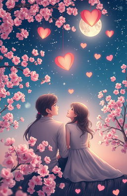A dreamy depiction of love, featuring a couple sitting together under a starry night sky, surrounded by delicate cherry blossom trees in full bloom