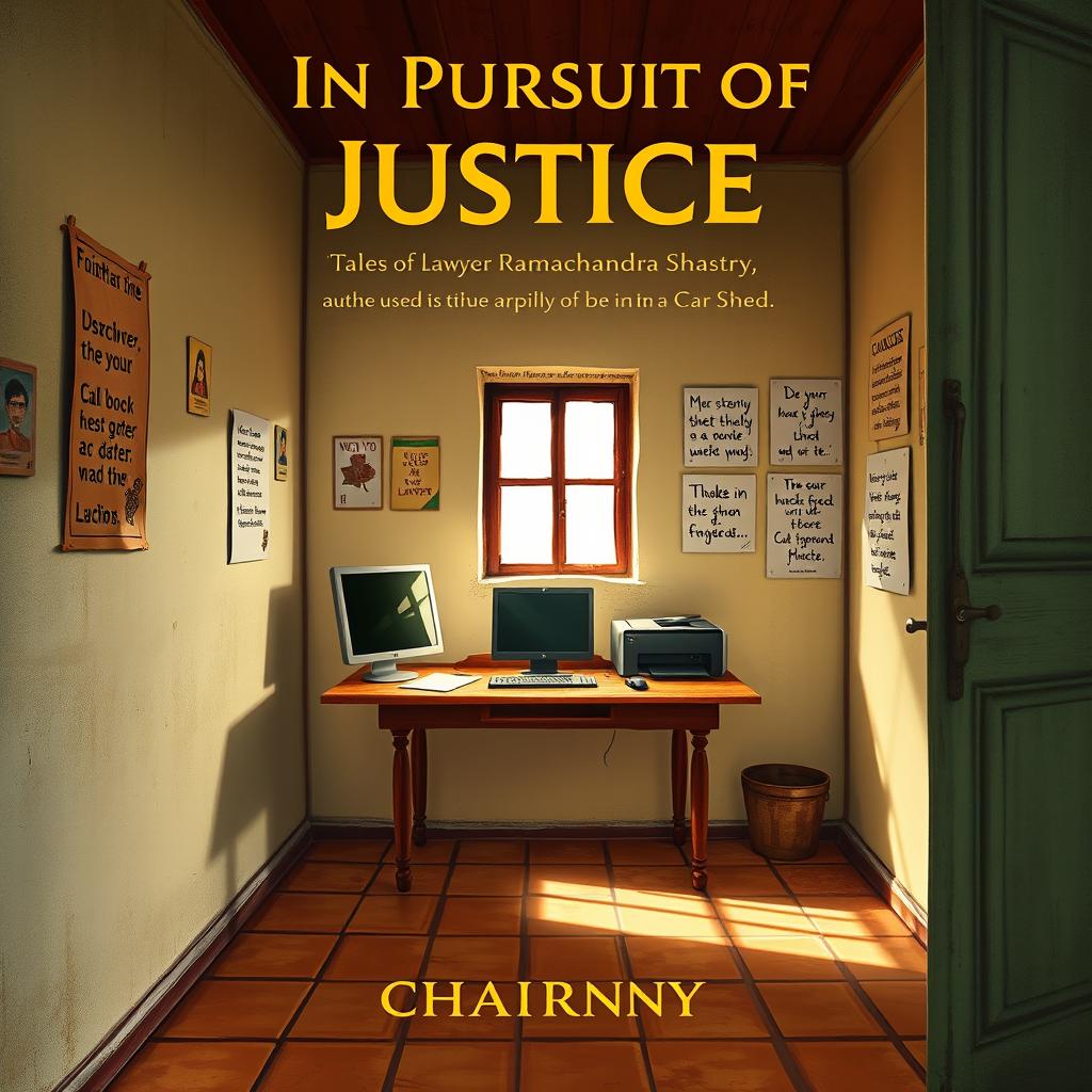 An evocative book cover design for the novel 'In Pursuit of Justice: Tales of Lawyer Ramachandra Shastry' by Chaitanya