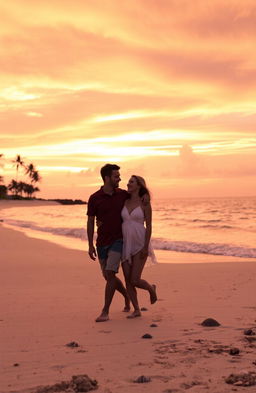 A picturesque sunset on a sandy beach, with a couple holding hands as they walk along the shore