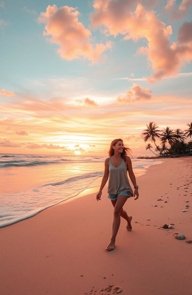 A picturesque sunset on a sandy beach, with a couple holding hands as they walk along the shore