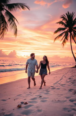 A picturesque sunset on a sandy beach, with a couple holding hands as they walk along the shore