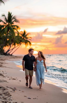 A picturesque sunset on a sandy beach, with a couple holding hands as they walk along the shore