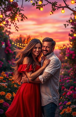 A vibrant and romantic depiction of love, featuring a lush garden filled with colorful flowers and soft, glowing fairy lights