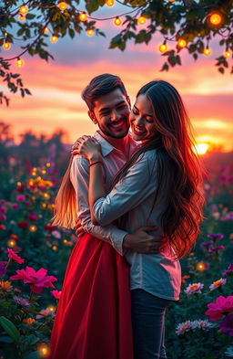 A vibrant and romantic depiction of love, featuring a lush garden filled with colorful flowers and soft, glowing fairy lights