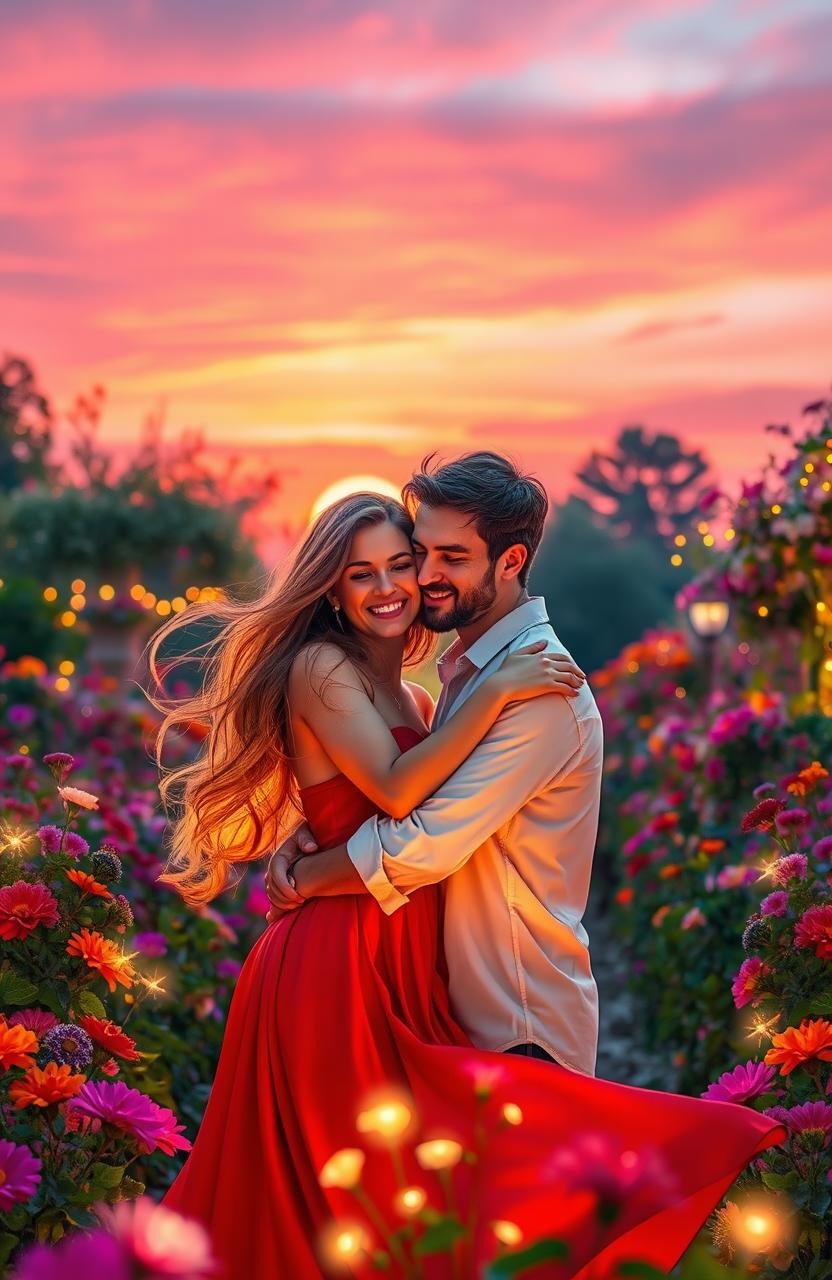 A vibrant and romantic depiction of love, featuring a lush garden filled with colorful flowers and soft, glowing fairy lights