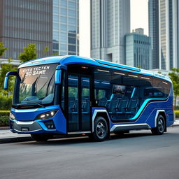 A futuristic bus design featuring sleek aerodynamic lines, large panoramic windows, and a spacious interior for passengers