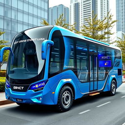 A futuristic bus design featuring sleek aerodynamic lines, large panoramic windows, and a spacious interior for passengers