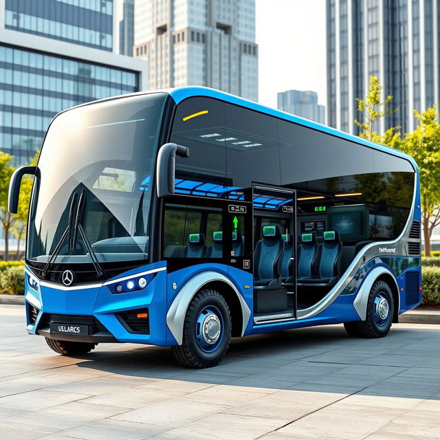 A futuristic bus design featuring sleek aerodynamic lines, large panoramic windows, and a spacious interior for passengers