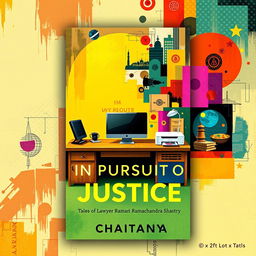 A striking book cover design for the novel 'In Pursuit of Justice: Tales of Lawyer Ramachandra Shastry' by Chaitanya, utilizing abstract art to convey the essence of Indian lifestyle with a modern outlook