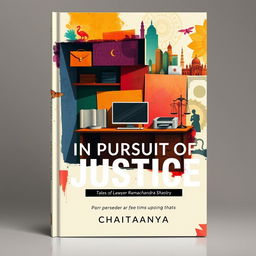A striking book cover design for the novel 'In Pursuit of Justice: Tales of Lawyer Ramachandra Shastry' by Chaitanya, utilizing abstract art to convey the essence of Indian lifestyle with a modern outlook