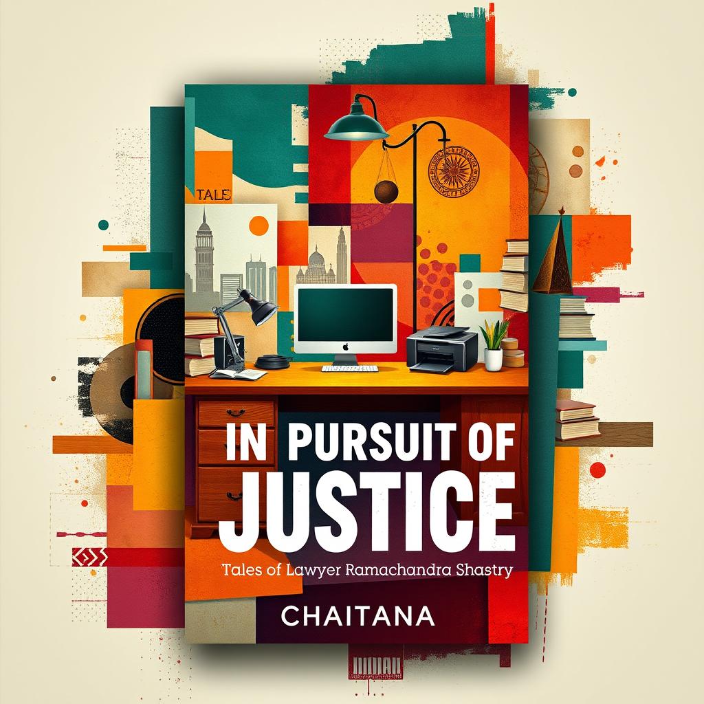 A striking book cover design for the novel 'In Pursuit of Justice: Tales of Lawyer Ramachandra Shastry' by Chaitanya, utilizing abstract art to convey the essence of Indian lifestyle with a modern outlook