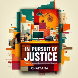 A striking book cover design for the novel 'In Pursuit of Justice: Tales of Lawyer Ramachandra Shastry' by Chaitanya, utilizing abstract art to convey the essence of Indian lifestyle with a modern outlook