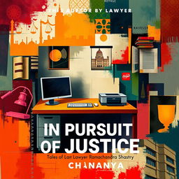 A striking book cover design for the novel 'In Pursuit of Justice: Tales of Lawyer Ramachandra Shastry' by Chaitanya, utilizing abstract art to convey the essence of Indian lifestyle with a modern outlook