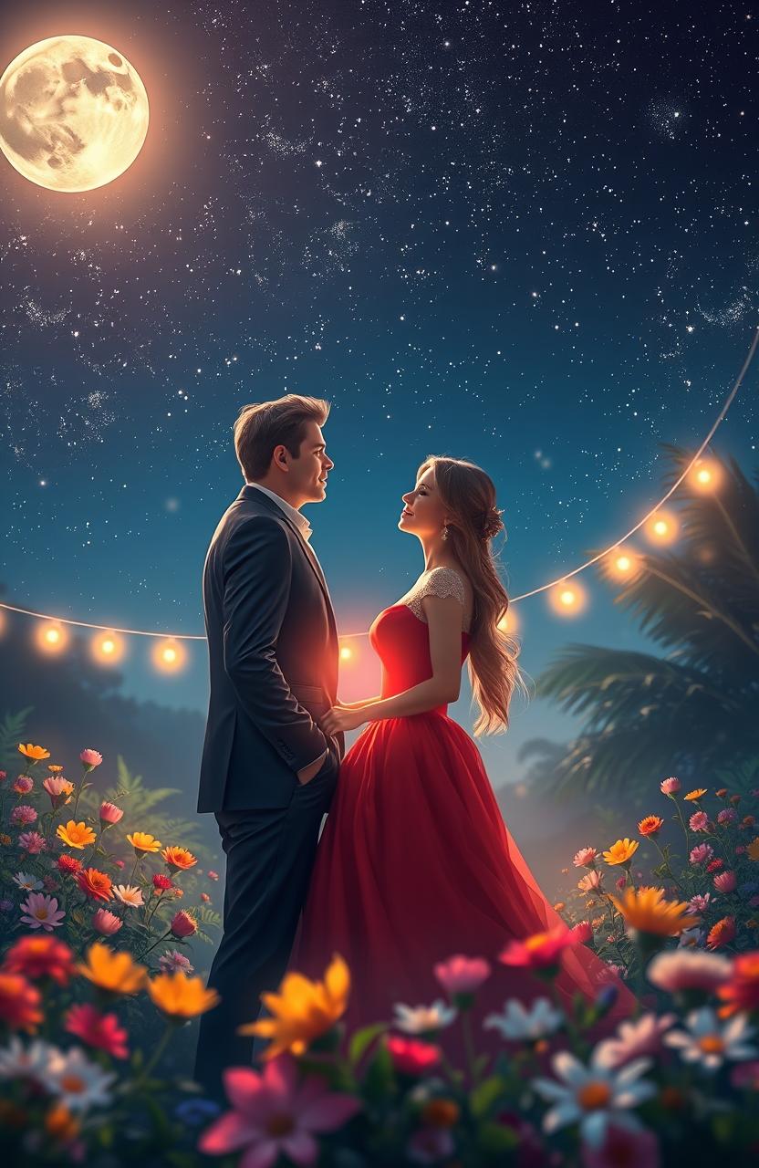 A visually enchanting depiction of love, showcasing a couple gazing into each other's eyes under a beautiful night sky filled with stars