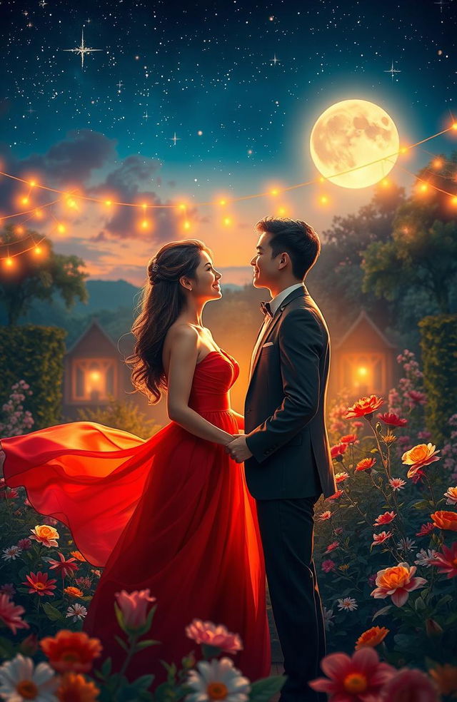 A visually enchanting depiction of love, showcasing a couple gazing into each other's eyes under a beautiful night sky filled with stars