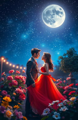 A visually enchanting depiction of love, showcasing a couple gazing into each other's eyes under a beautiful night sky filled with stars