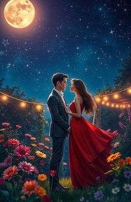 A visually enchanting depiction of love, showcasing a couple gazing into each other's eyes under a beautiful night sky filled with stars