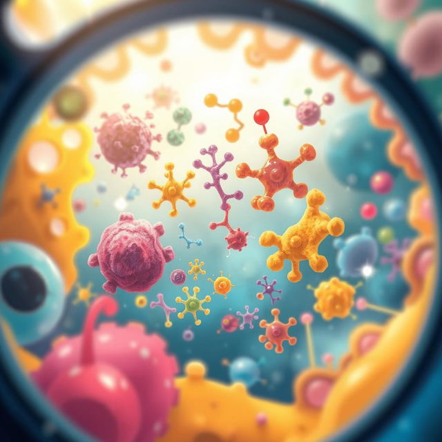 A beautiful illustration depicting proteins within cells as viewed through a microscope