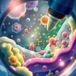 A beautiful illustration depicting proteins within cells as viewed through a microscope