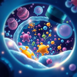 A beautiful illustration depicting proteins within cells as viewed through a microscope