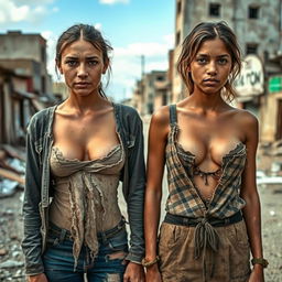 Two 25-year-old sisters in a poverty-stricken setting, dressed in semi-revealing, dirty, and tattered clothing, showcasing their cleavages