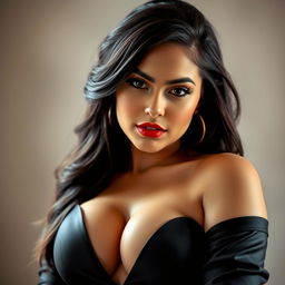 A bold and confident 20-year-old woman styled in a daring outfit that prominently features a deep neckline, accentuating her curvaceous figure