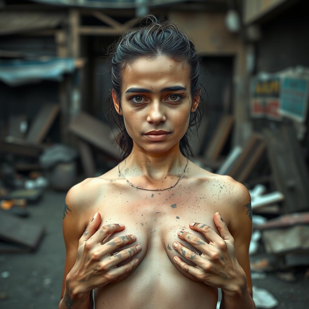 A 25-year-old woman in a poverty-stricken environment, depicted in a way that shows her dirty and disheveled appearance