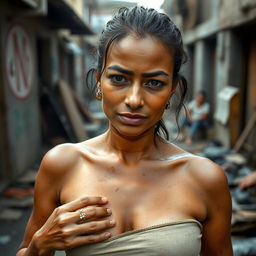 A 25-year-old woman in a poverty-stricken environment, depicted in a way that shows her dirty and disheveled appearance